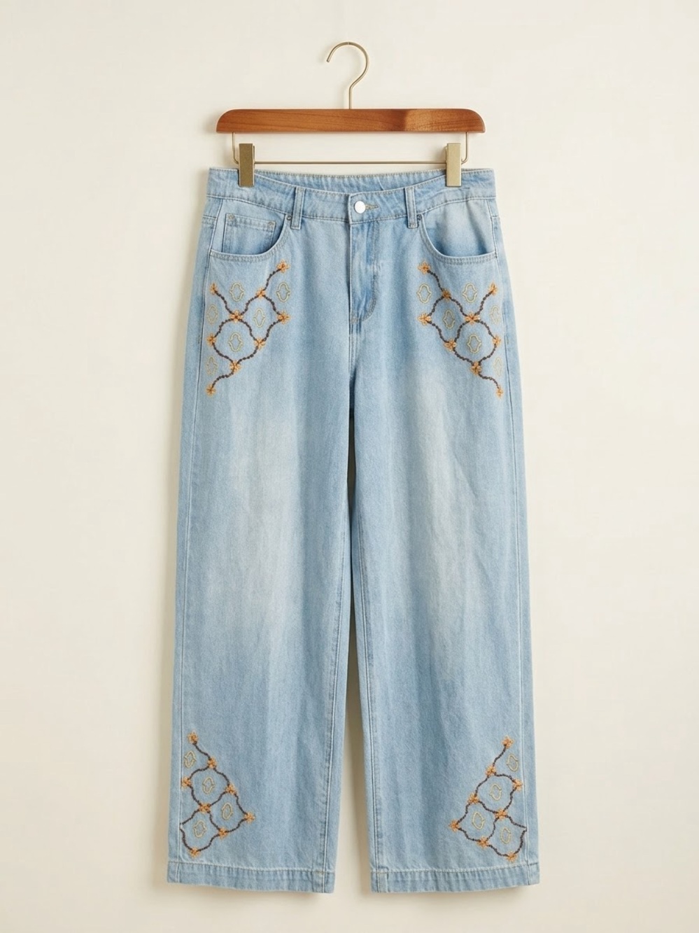 70s vintage boho embroidered statement wide leg denim